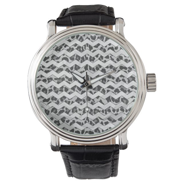 Chevron Leopard Grey and Light Grey Print Horloge (Voorkant)