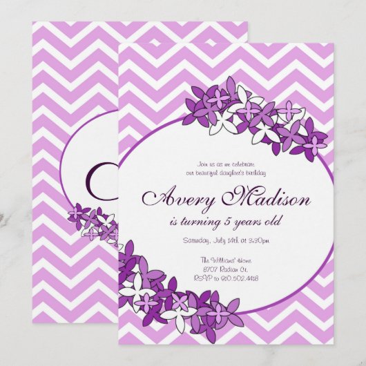 Chevron mauve moderne avec invitation à la florais (Devant / Derrière)