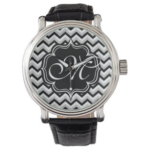 Chevron Modern Zwart-wit ZigZag Monogram Horloge