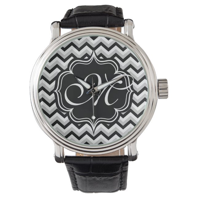 Chevron Modern Zwart-wit ZigZag Monogram Horloge (Voorkant)