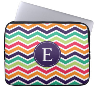 Chevron Monogram Paars Groen Roze Sinaasappel Laptop Sleeve