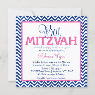Chevron Navy Blue Pink Bat Mitzvah Uitnodiging