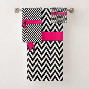 Chevron noir et blanc avec noeud rose chaud