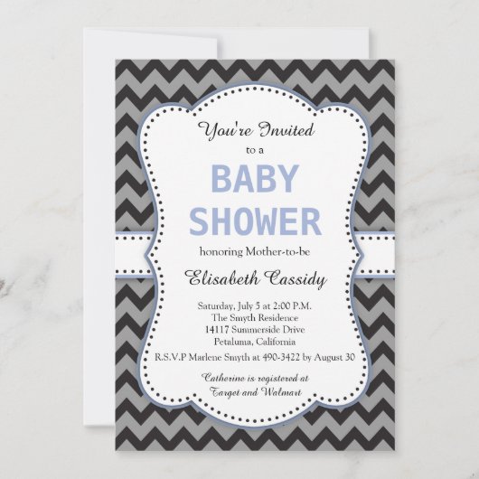 Chevron noir et gris, Baby shower bleu Invitation (Devant)