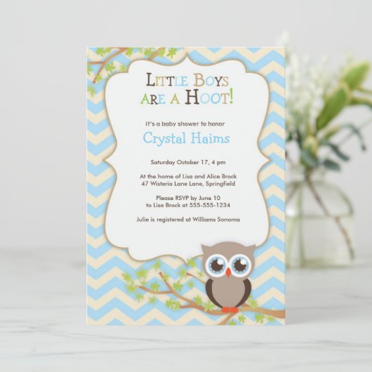 Chevron Owl Thleing Baby Shower Invitations - Boy Kaart (Staand voorkant)