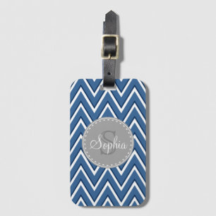 Chevron Patroon Marine Blauw en Grijs Monogram Bagagelabel