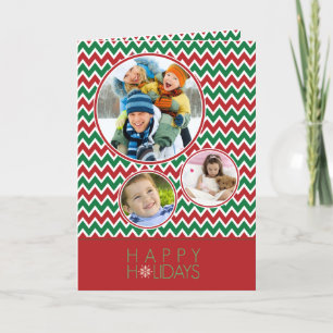 Chevron Pattern Family Holiday Card (rood/groen) Feestdagen Kaart