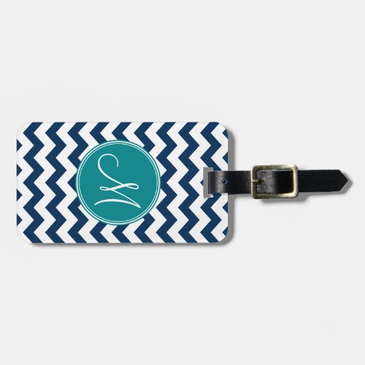 Chevron Pattern met monogram - Blauwgroen marinema Bagagelabel (Voorkant horizontaal)