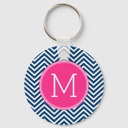 Chevron Pattern met monogram - magenta op de marin Sleutelhanger (Voorkant)