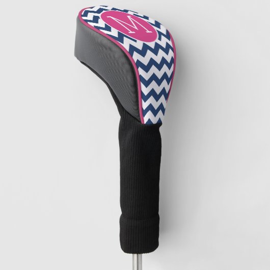 Chevron Pattern met monogram - Navy Hot Pink Golfheadcover (Schuin)