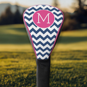 Chevron Pattern met monogram - Navy Hot Pink Golfheadcover