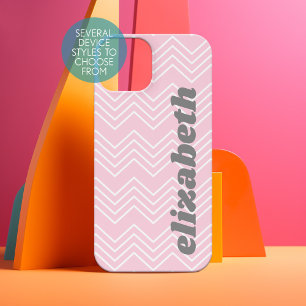 Chevron Pattern - Roze funky Script Naam iPhone 15 Hoesje