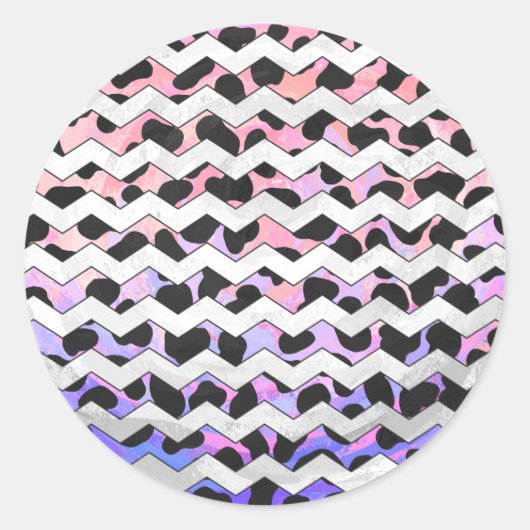 Chevron Pink en Black Dalmation Ronde Sticker (Voorkant)