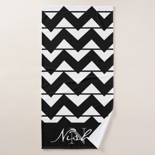 Chevron rayé Monogram noir et blanc (Serviette de bain)