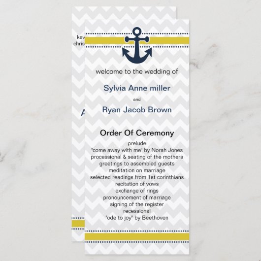 chevron rayures, ancre, programme de mariage nauti (Devant / Derrière)