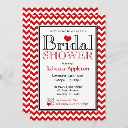 Chevron rood & wit bruids douche uitnodigingen (Voorkant / Achterkant)