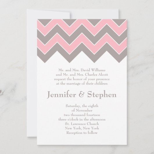 Chevron rose et gris Faire-part de mariage (Devant)