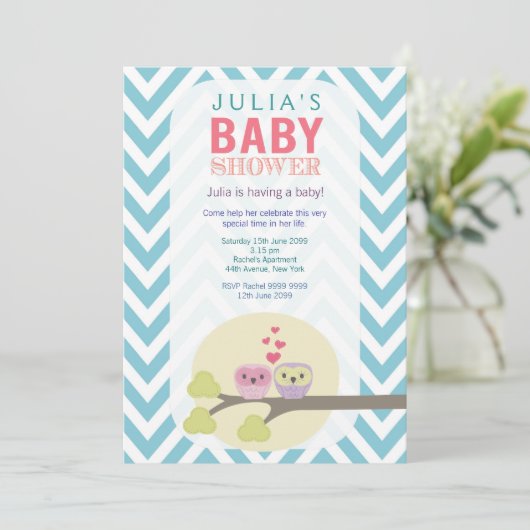 Chevron Uilen in Tree Baby shower Uitnodigen Kaart (Staand voorkant)