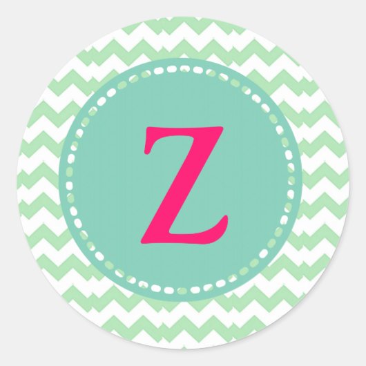 Chevron verde agua, monograma editable ronde sticker (Voorkant)