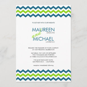 Chevron Wedding ZigZag Blue en Limoen Uitnodiginge Kaart