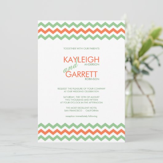 Chevron ZigZag Mint Orange Wedding Invitations (Debout devant)