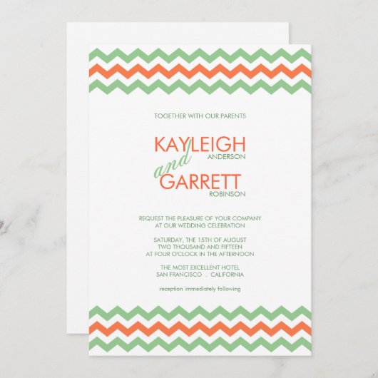 Chevron ZigZag Mint Orange Wedding Invitations (Devant / Derrière)