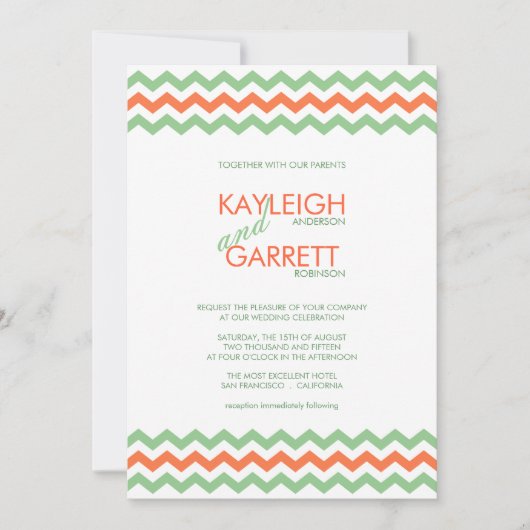 Chevron ZigZag Mint Oranje Wedding Invitations Kaart (Voorkant)