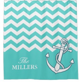Chevron Zigzag Patroon Nautische Knoop Anker Aqua Douchegordijn