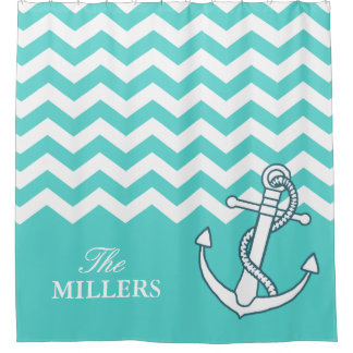 Chevron Zigzag Patroon Nautische Knoop Anker Aqua Douchegordijn