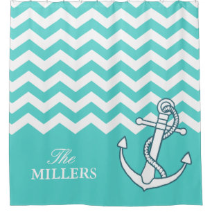 Chevron Zigzag Pattern Nautical Knot Anchor Aqua Douchegordijn