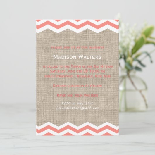 Chevrons de corail sur Burlap Invitation Bat mitzv (Debout devant)