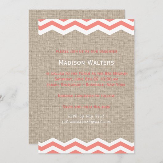 Chevrons de corail sur Burlap Invitation Bat mitzv (Devant / Derrière)