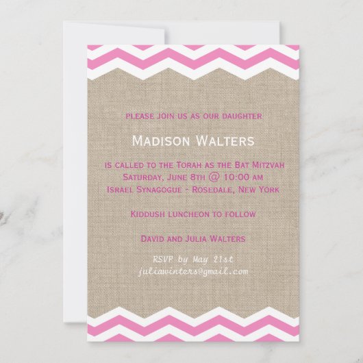 Chevrons roses sur Burlap Invitation Bat mitzvah (Devant)