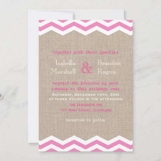 Chevrons roses sur Faire-part de mariage Burlap (Devant)