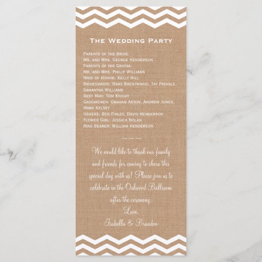 Chevrons sur le programme de mariage Burlap (Dos)