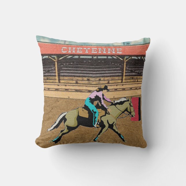 Cheyenne Rodeo Cowgirl Barrel Racing Coussin (Recto)