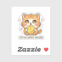 Chibi Anime Chat Tenant une Pièce d'Or Autocollant