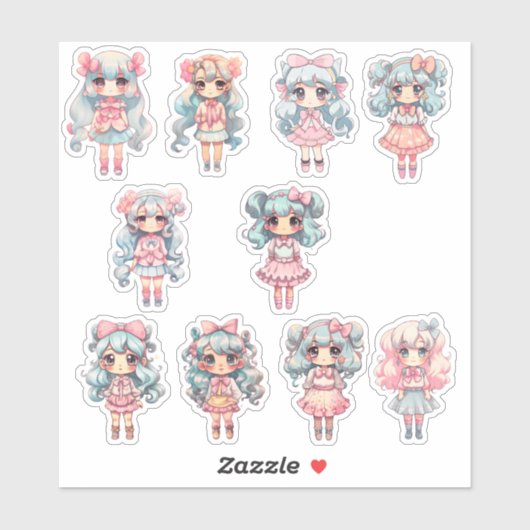 Chibi Art Cute Girl Anime Manga Stickers (Feuille)