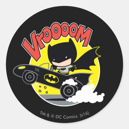 Chibi Batman in Batmobile Ronde Sticker (Voorkant)