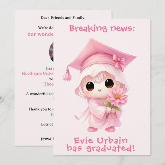 🎓Chibi Blossom Graduation Announcement Kaart (Voorkant / Achterkant)