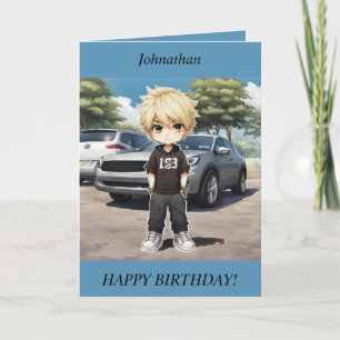 Chibi Boy debout près d'une voiture Carte d'annive