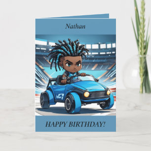 Chibi Boy dreads raceauto Verjaardag Kaart