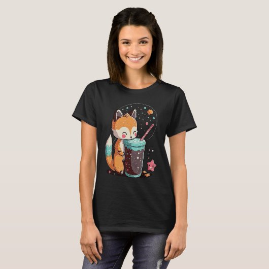 Chibi Bubble Tea Fox Boba Tea T-shirt (Voorkant volledig)