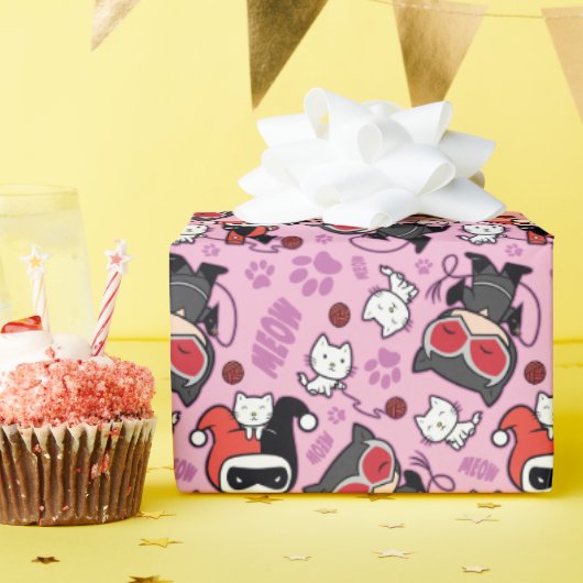 Chibi Catwoman, Harley Quinn, en Kittens Pattern Cadeaupapier (Verjaardagsfeest)
