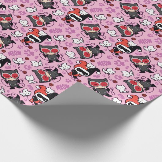 Chibi Catwoman, Harley Quinn, en Kittens Pattern Cadeaupapier (Hoek)