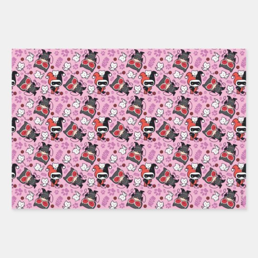 Chibi Catwoman, Harley Quinn, en Kittens Pattern Inpakpapier Vel (Voorkant)