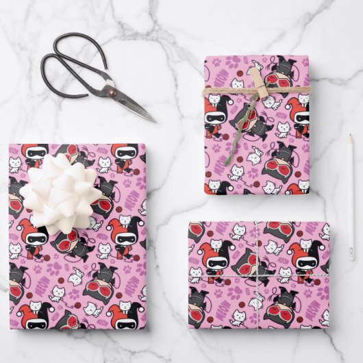 Chibi Catwoman, Harley Quinn, en Kittens Pattern Inpakpapier Vel (Voorkant)