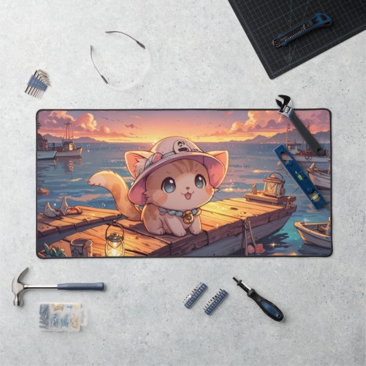 Chibi Chat Mignon au Coucher de Soleil du Port – F (Poste de travail)