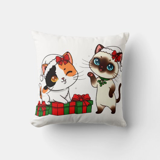 Chibi Christmas Cats with Presents Kussen (Voorkant)