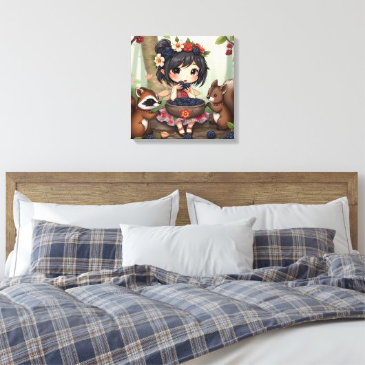 Chibi Fairy Eating Blackberries with Forest Friend Canvas Afdruk (Insitu (Slaapkamer))